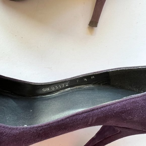 Stuart Weitzman Purple Suede Peep Toe Folded Bow Stiletto Pumps - Picture 12 of 16